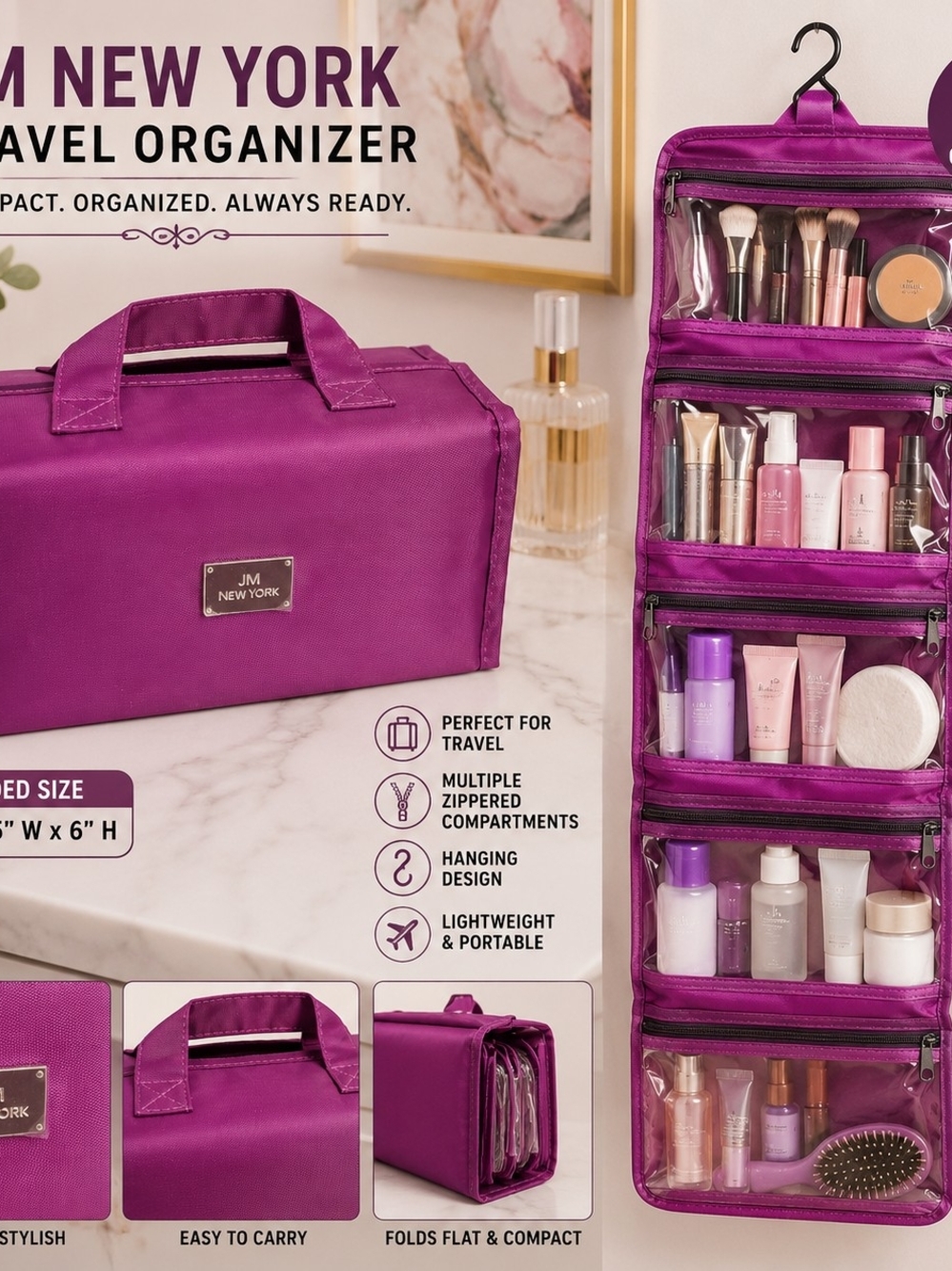 JM New York Purple Foldable Hanging Cosmetic Makeup Organizer Travel Case